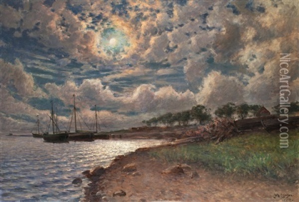 Moonlight Over The Bay Oil Painting - Johan Ericson
