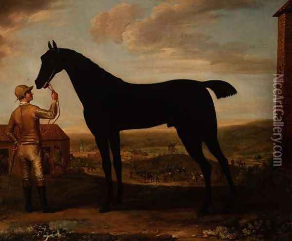 Basto, dark bay racehorse held by groom outside the stable at Newmarket Oil Painting - John Wootton
