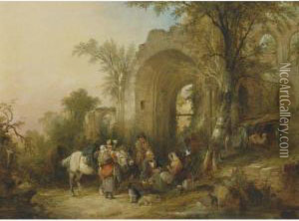 Travellers Resting By The East Window Of Netley Abbey Oil Painting - Snr William Shayer