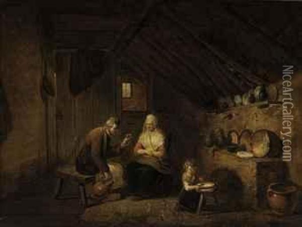 A Peasant Family In A Kitchen Interior Oil Painting - David The Younger Teniers
