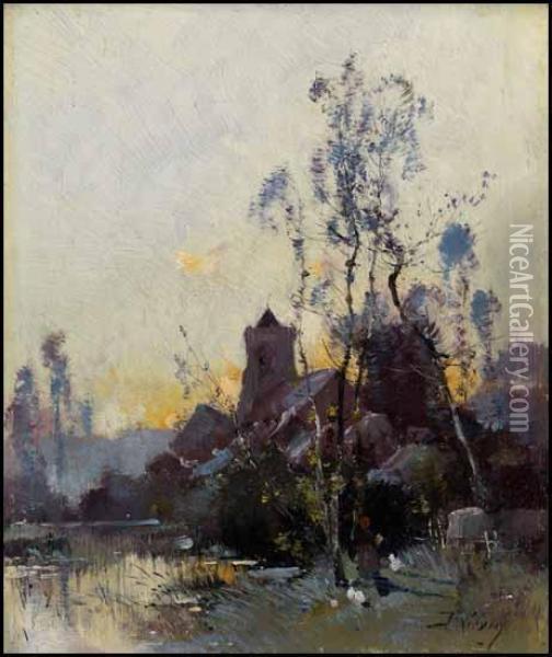 Village At Sunset Oil Painting - Eugene Galien-Laloue