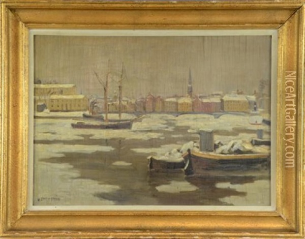 View Of Stockholm With Boats In Icy Waters Oil Painting - Wilhelmina (Mimmi Katarina) Zetterstroem
