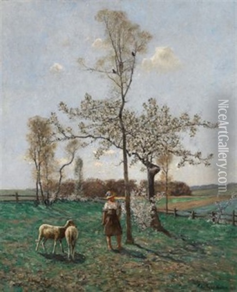 Schafhirtin Unter Bluhenden Baumen Oil Painting - Peter Paul Mueller