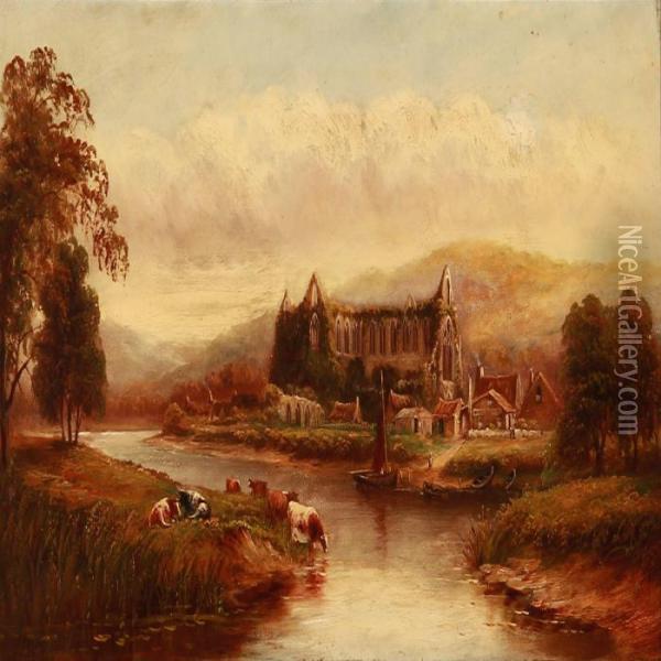 Tintern Abbey Seen From Across The River Wye Oil Painting - Henry Harris