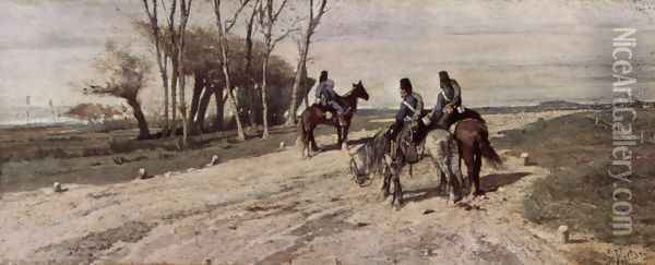 Three cavalrymen on a street Oil Painting - Giovanni Fattori