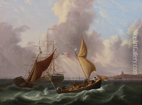An U.s. Three-masted Vessel, A Smalschip And A Pilot Boat Off The Dutch Coast Oil Painting - Thomas Whitcombe