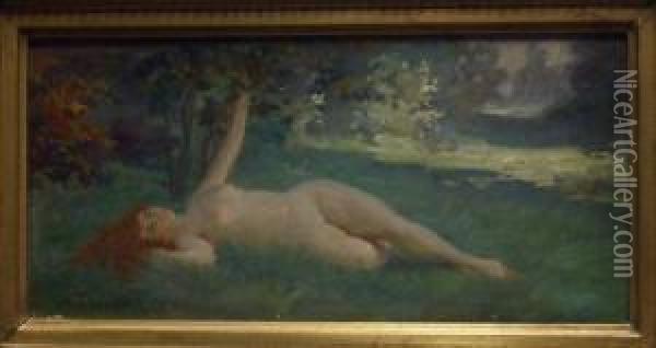 Jeune Femme Nue Allongee Dans L'herbe Oil Painting - Auguste Antoine Thivet