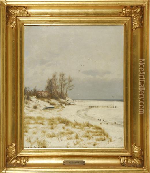 Softly Curving Coastline With Beached Boat Oil Painting - Vilhelm Georg Groth
