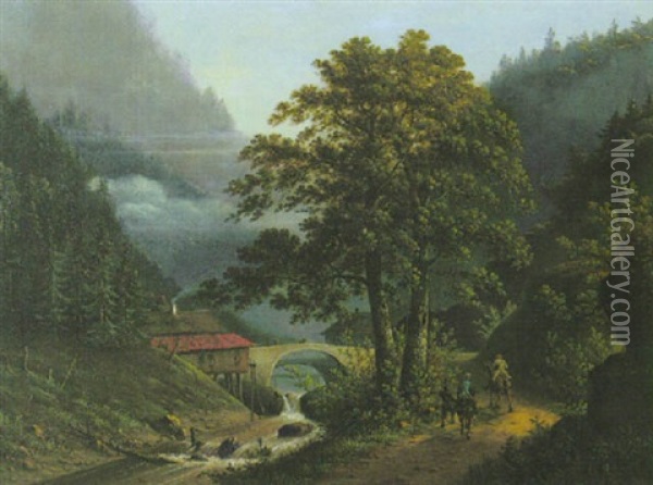 Bewaldetes Flustal Mit Einer Steinernen Bogenbrucke Oil Painting - Hendrik Johannes Knip