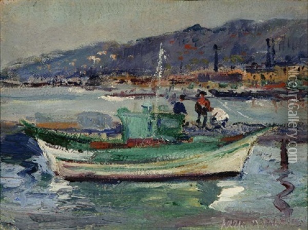 Double-ender In A Harbor Oil Painting - Anna M. Valentien