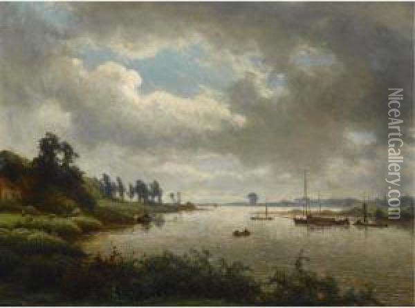 Boats On A River In Summer Oil Painting - Jan Frederik Van Deventer