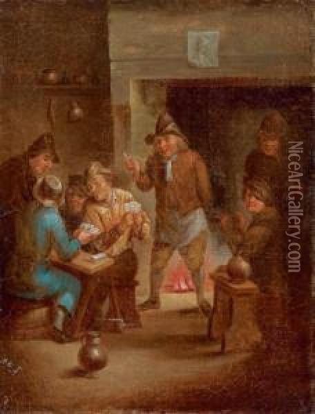 Kartenspielende Bauern Im Wirtshaus; Zechende Bauern Im Wirtshaus Oil Painting - Egbert Van Heemskerk Le Vieux