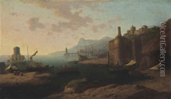 A Capriccio Of A Mediterranean Port At Sunrise With A Fisherman Preparing His Boat Oil Painting - Adriaen Van Der Cabel