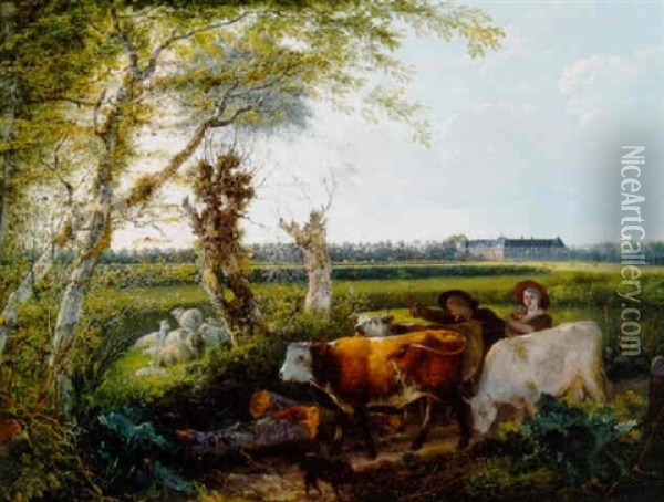 A Shepherd And Shepherdess Driving Cattle Along A Track By A Meadow Oil Painting - Gerard van Nymegen