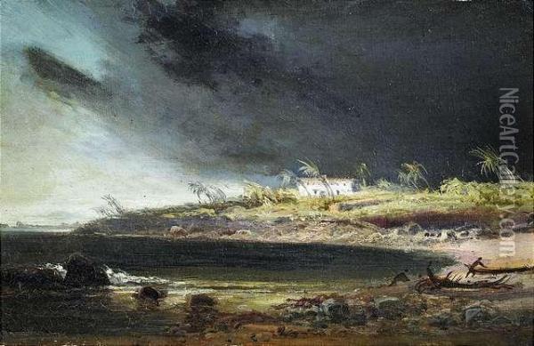 Storm Atthe Mission Of Cabumen, West Africa. Oil Painting - Fritz Klingelhofer