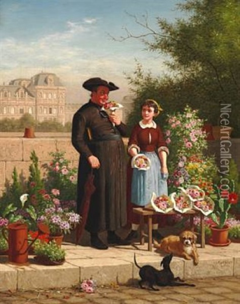 A Priest And A Flower Girl. In The Background The Louvre In Paris Oil Painting - Carl Henrik Bogh