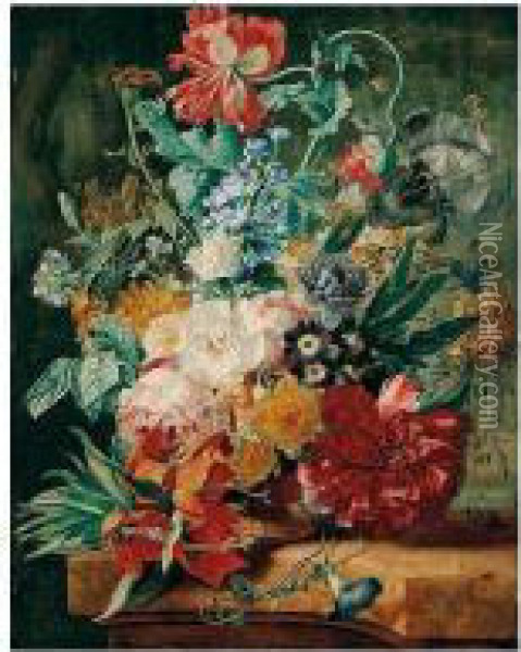 A Still Life Of Spring Flowers 
Including Roses, Tulips, Narcissi, Peonies, Carnations, Gentians, 
Fritillaries, Daffodils, Irises, Bluebells And Morning Glory, In A 
Carved Stone Urn Upon A Marble Ledge In A Garden Setting Oil Painting - Wijbrand Hendriks