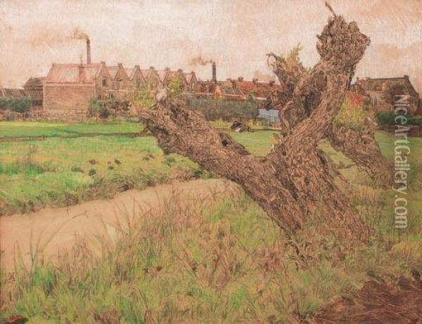 Pollard-willows Along A Stream With Brick Houses And Factorychimneys In The Distance, Amterdam Oil Painting - Gerrit Haverkamp