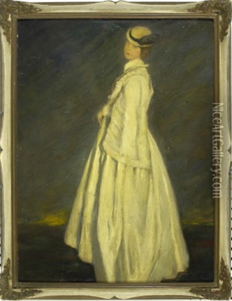 Dame Mit Hut In Heller Flanierkleidung Vor Dunklem Hintergrund Oil Painting - Rudolf Hesse