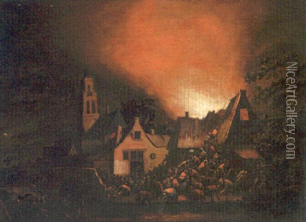 A Townhouse Ablaze At Night With Peasants Fighting A Fire Oil Painting - Egbert Lievensz van der Poel
