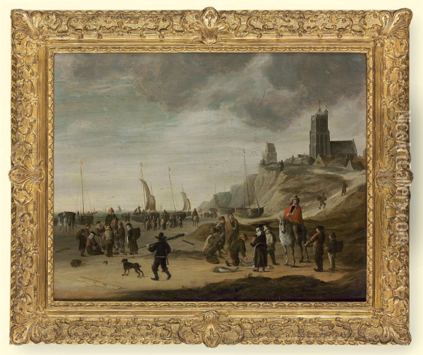 Fishmongers On The Beach At Egmond Aan Zee At Low Tide Oil Painting - Cornelis Beelt
