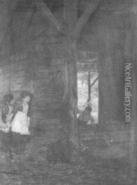 Two Girls Hiding In A Barn And Being Found By A Boy Oil Painting - James Charles