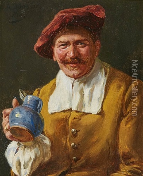 A Man With A Wine Jug - A Smoker - Young Man With A Hat Oil Painting - Albert Friedrich Schroeder