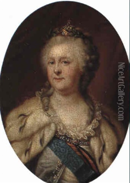 Empress Catherine Alexeievna Wearing A Small Crown, Diadem And Laurels Oil Painting - Johann Baptist Lampi the Elder