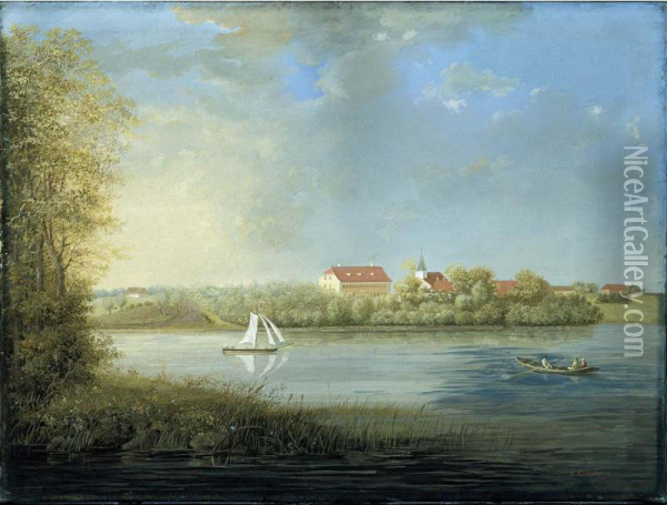 A Pair Of Danish Landscapes, One With Farm Buildings And A Windmill By A Lake, The Other With Boats On A River And A Monastery Behind Oil Painting - Johannes Ludwig Camradt
