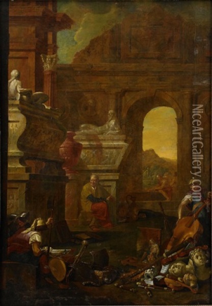 Allegori Over Konsterna; Maleri, Skulptur, Musik Och Krigskonsten Oil Painting - Hendrik Govaerts