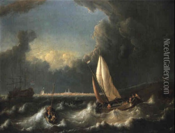 Storm Off Hoorn With A Wijdschip Going About With Other Vessels Beyond Oil Painting - Ludolf Backhuysen the Elder