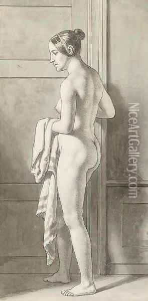 Florentine, nude, standing by a door holding a length of cloth Oil Painting - Christoffer Wilhelm Eckersberg