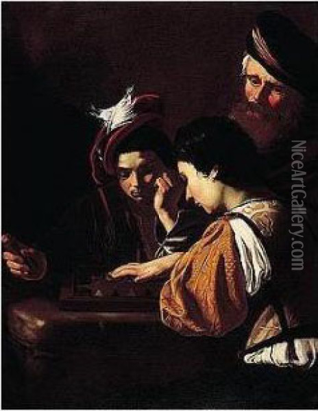 Young Boys Playing Backgammon, An Old Man Watching In The Background Oil Painting - Nicolas Tournier
