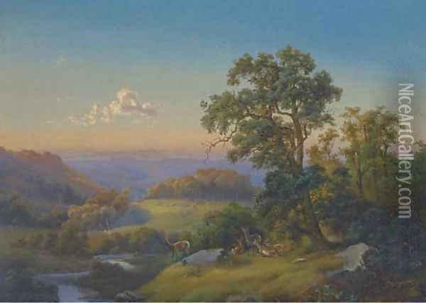 Deer in a wooded valley at dusk Oil Painting - English School