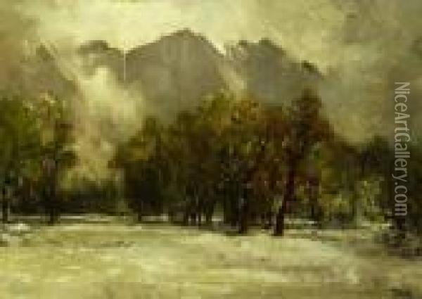 Snowy Scene With Trees At Mountain Edge Oil Painting - Thomas Hill