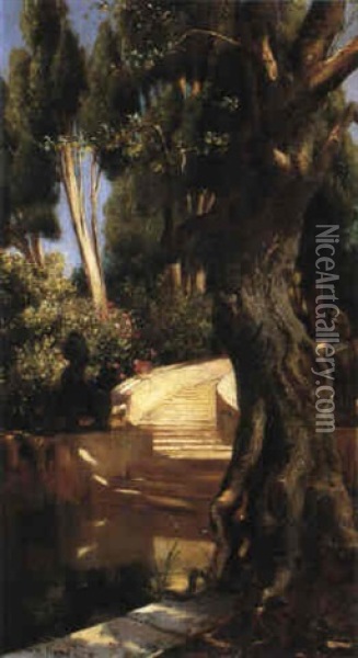 The Staircase Under The Trees Oil Painting - Rudolf Ernst