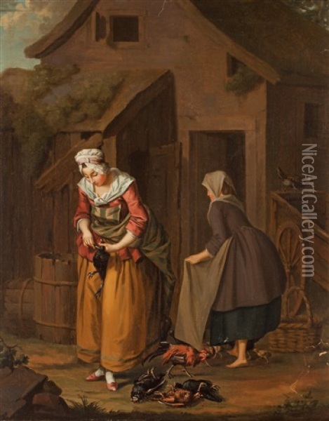 En Qvinna Slagtar Hons (a Woman Slaughtering Hens) Oil Painting - Pehr Hillestroem