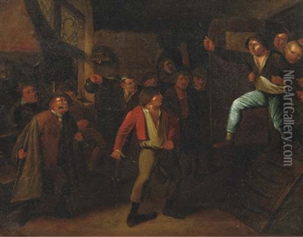 A Peasant Brawl In A Tavern Oil Painting - Egbert van Heemskerck the Elder