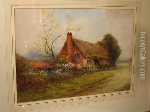 Rural Scenes, A Pair, Views Of Thatched Cottages Oil Painting - George Hemming Mason
