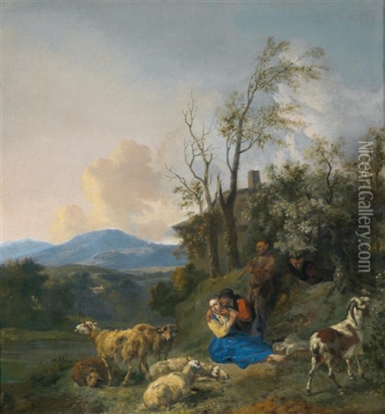 Hirten Mit Ihrer Herde Vor Weiter Landschaft Oil Painting - Jan Baptist Wolfaerts