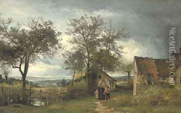 A family gathering before a country cottage Oil Painting - Eugene Antoine Samuel Lavieille