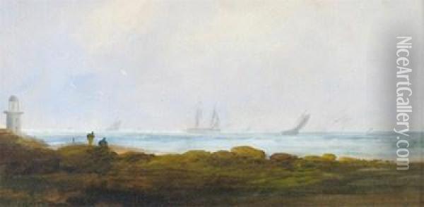 A Coastal Scene With A Lighthouse Oil Painting - S.L. Kilpack