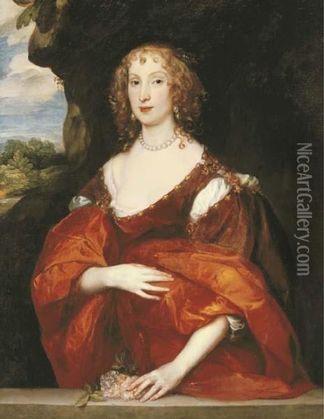 Portrait Of Mary Hill, Lady 
Killigrew, Three-quarter-length, In A Russet Dress, Before A Ledge With 
Two Peonies, A Landscape Beyond Oil Painting - Sir Anthony Van Dyck