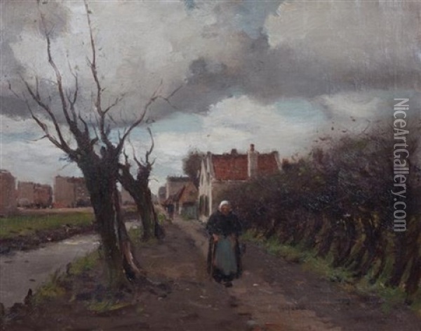 Woman Walking Along Tree-lined Road Oil Painting - Gustav Wolff