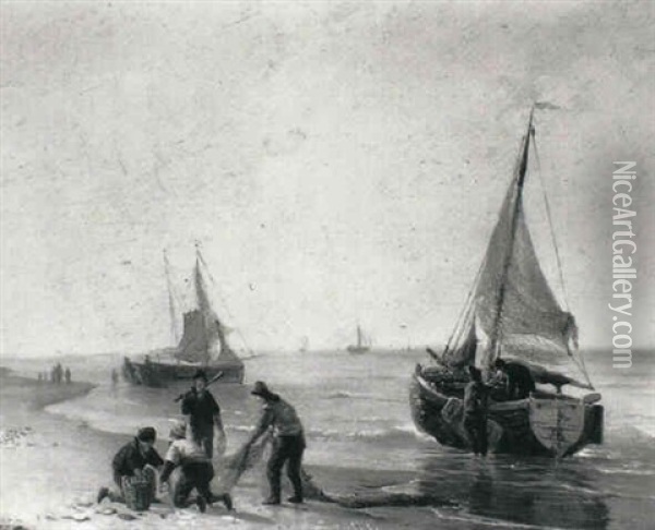 Fishermen Unloading The Catch Oil Painting - Hendrik van de Sande Bakhuyzen