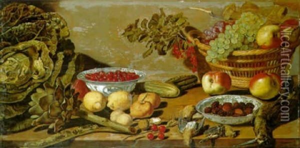 Bowls Of Cherries And Blackberries, Other Fruit, Vegetables And Dead Birds On A Table Oil Painting - Robert Willemsz. de Baudous