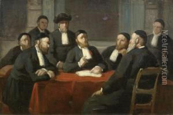 A Meeting Of The Rabbinical Council Oil Painting - Edouard Moyse