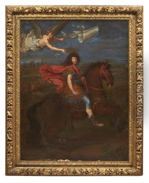 Louis Xiv A Cheval Couronne Par La Victoire Oil Painting - Pierre Mignard the Elder