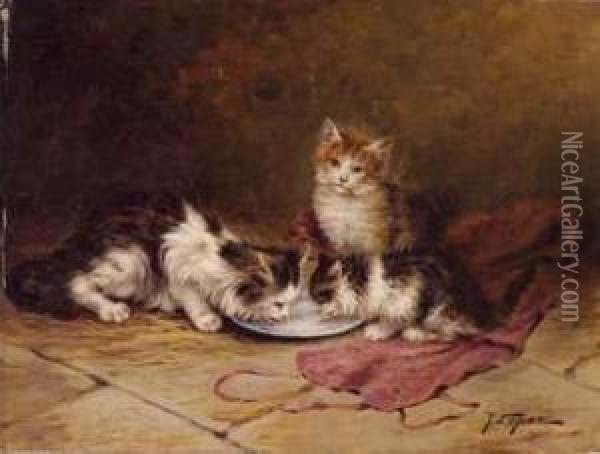 Gattini Attorno A Un Piatto Colmo Di Latte Oil Painting - Jules Le Roy