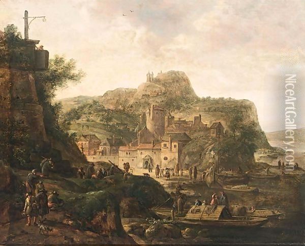 Riverlandscape With Figures Near A Town Oil Painting - Herman Saftleven